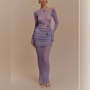 Meshki Sheer Lavender Ribbed Long-Sleeve top and a maxi skirt
